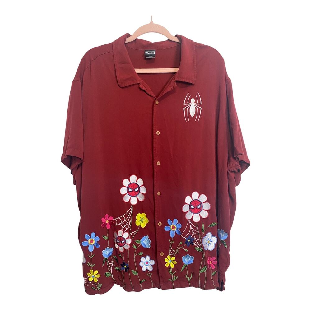 Marvel Spider-Man Box Lunch Exclusive Embroidered Floral Button Up Burgundy XL